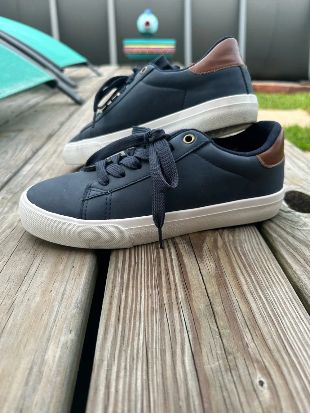 Boys Casual Navy Leather-Trim Sneakers